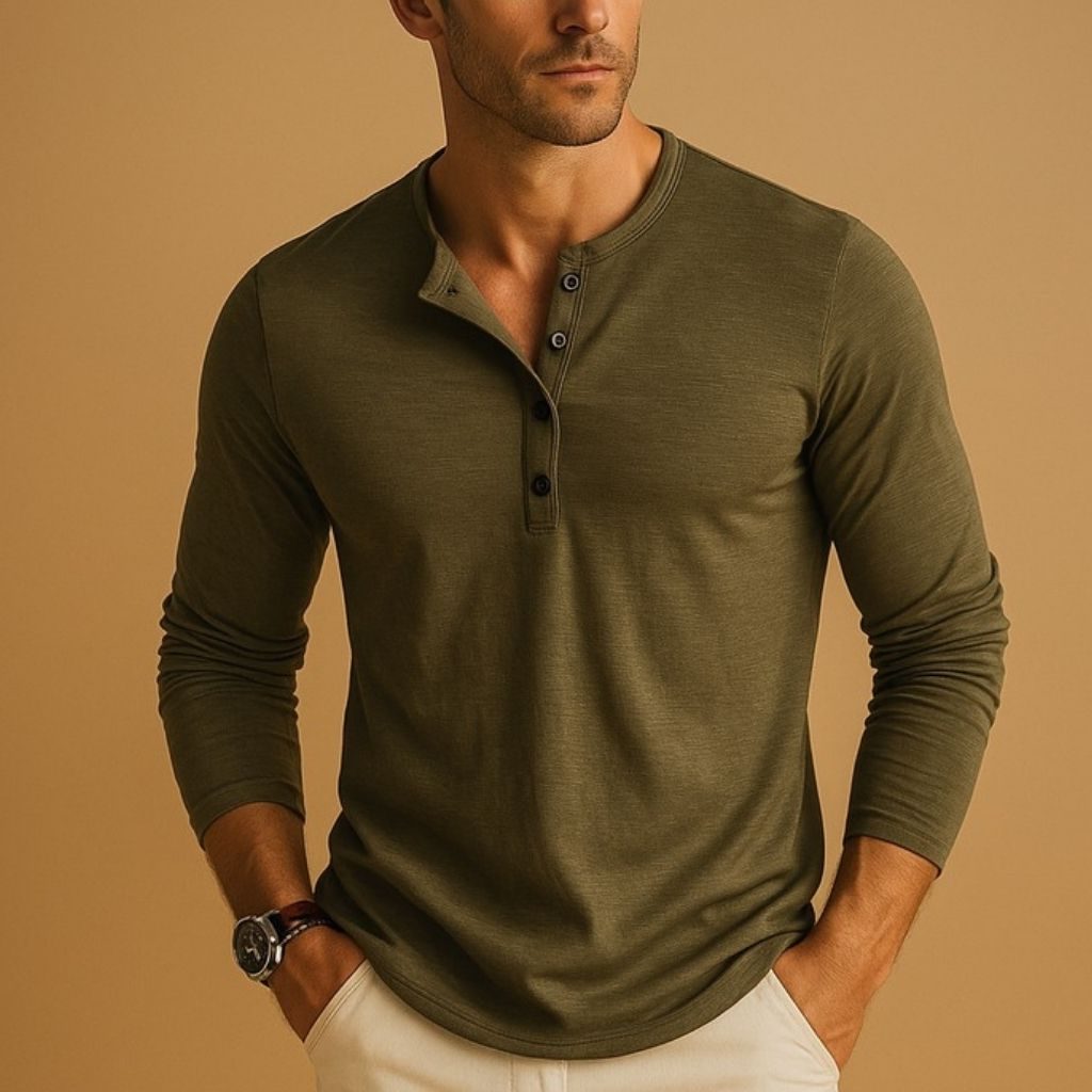 V-Neck Henley Long Sleeve Shirt for Men