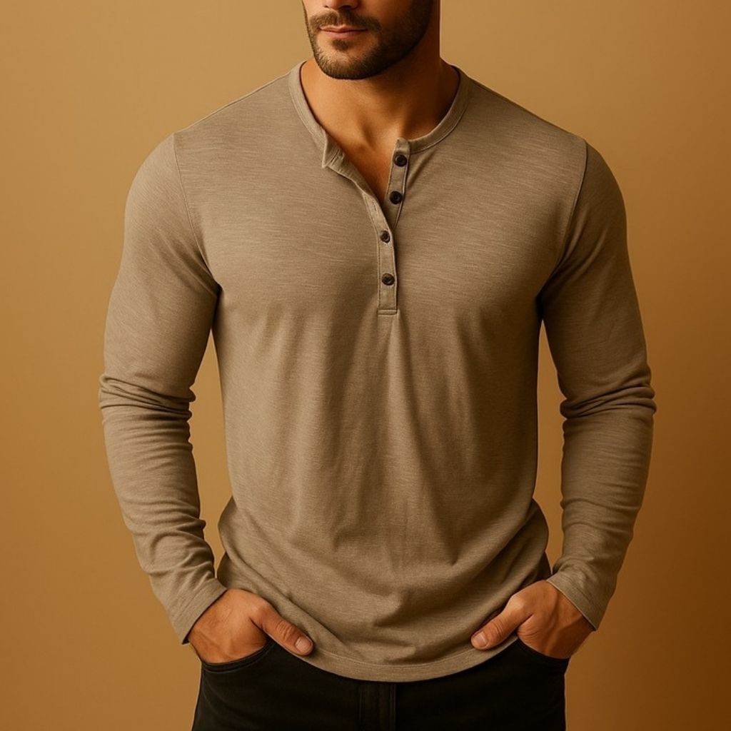 V-Neck Henley Long Sleeve Shirt for Men