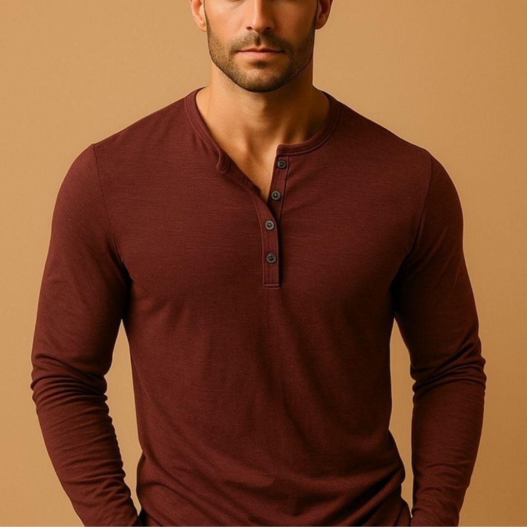 V-Neck Henley Long Sleeve Shirt for Men