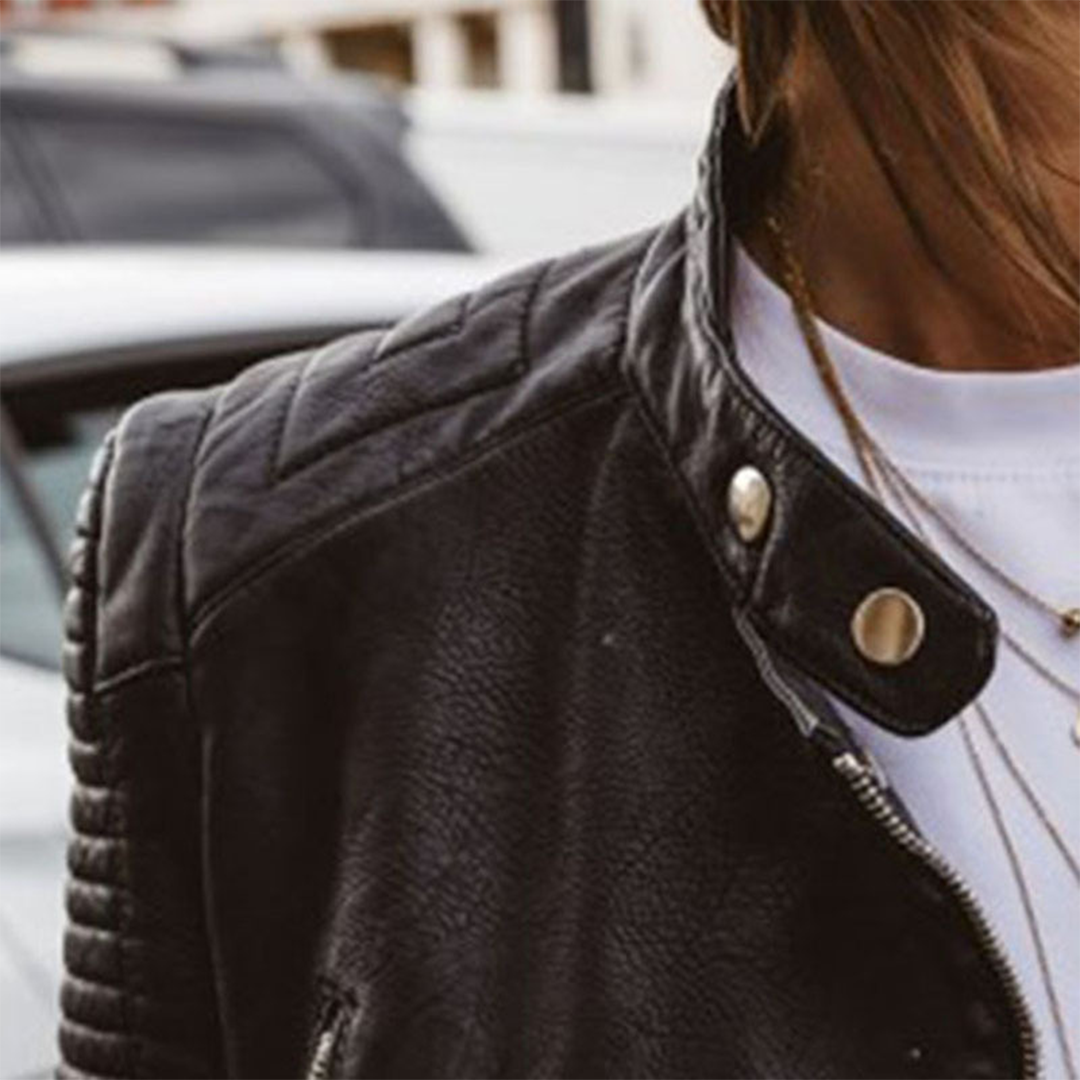 Catherine | Women's Faux Leather Jacket Biker Quilted Sleeves