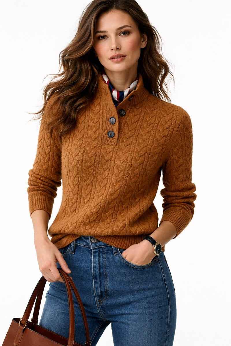 Bella | Women's Wool Blend Cable Knit Sweater Turtleneck Buttons