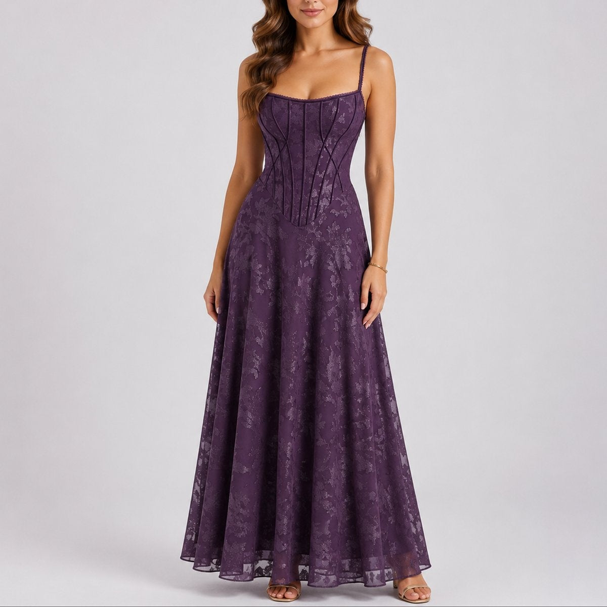 Harper | Women's Long Winter Formal Dress Corset Bodice Full Skirt Wedding Guest