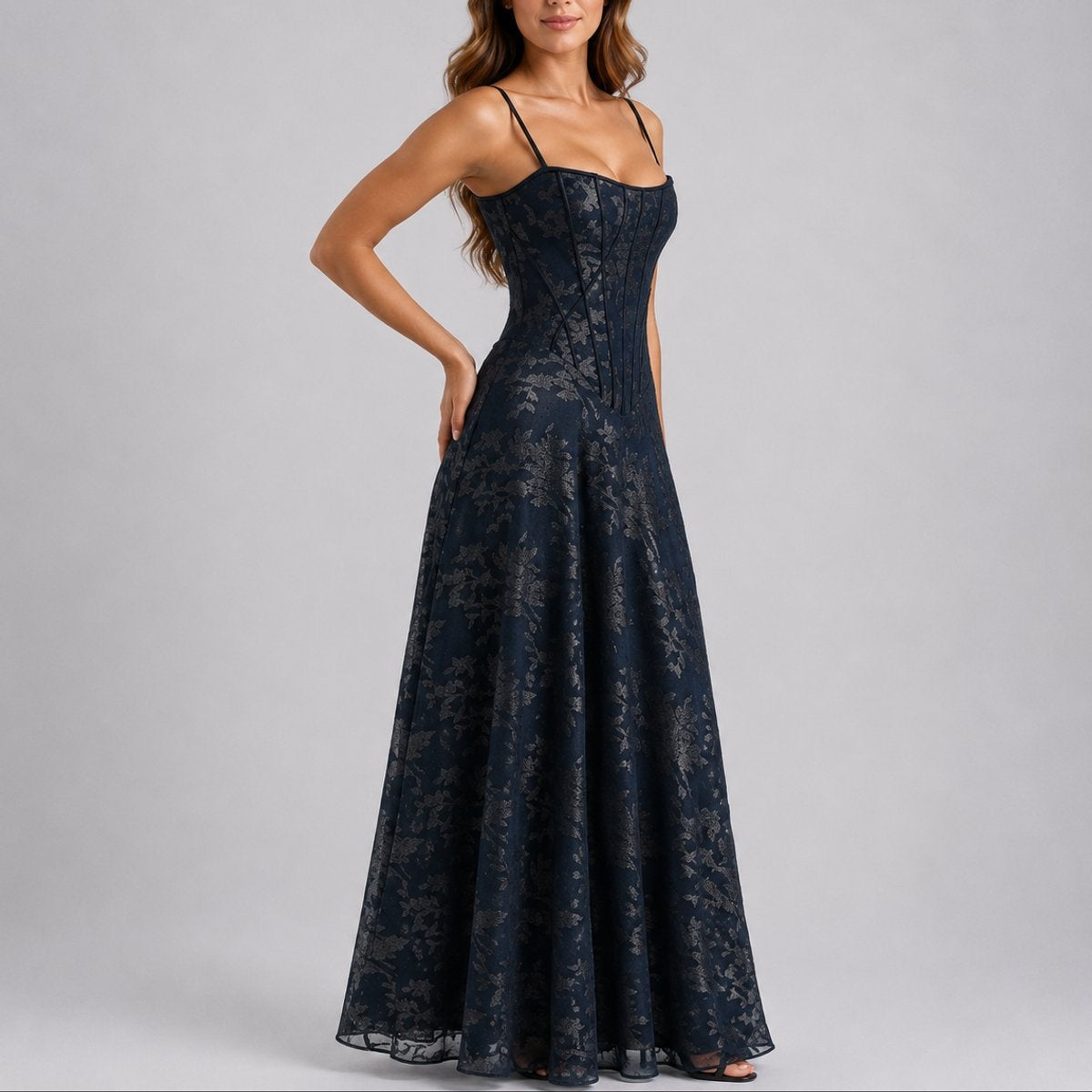 Harper | Women's Long Winter Formal Dress Corset Bodice Full Skirt Wedding Guest
