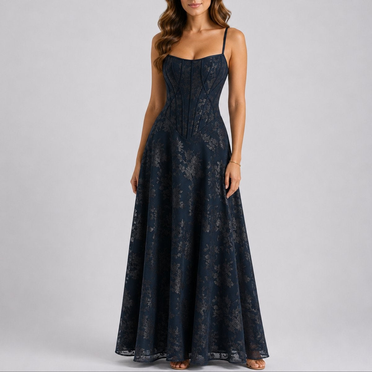 Harper | Women's Long Winter Formal Dress Corset Bodice Full Skirt Wedding Guest