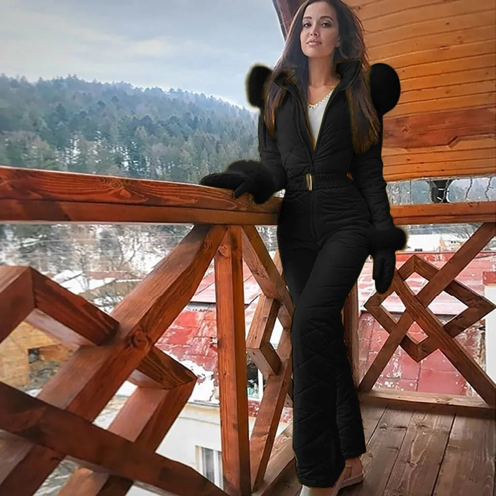 Women's Belted Quilted Ski Jumpsuit with Fur-Trimmed Hood – Warm Fitted One-Piece for Winter Holidays