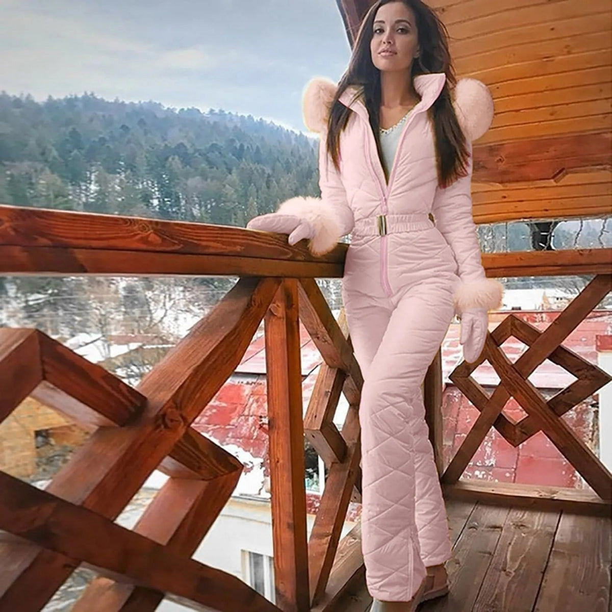 Women's Belted Quilted Ski Jumpsuit with Fur-Trimmed Hood – Warm Fitted One-Piece for Winter Holidays