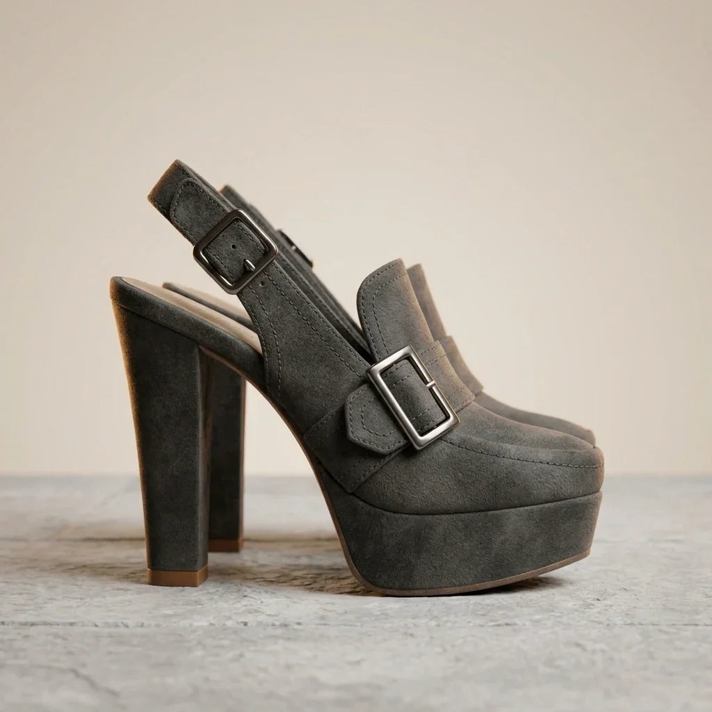 Valentina Suede Slingback Block Heels – Platform Buckle Statement Sandals