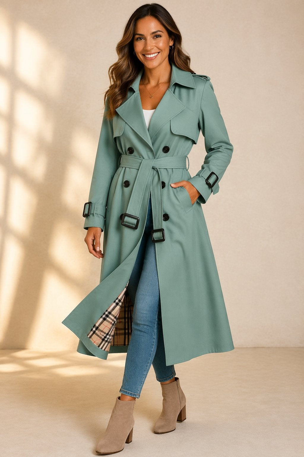 Riley | Women's Long Belted Trench Coat Double Breasted