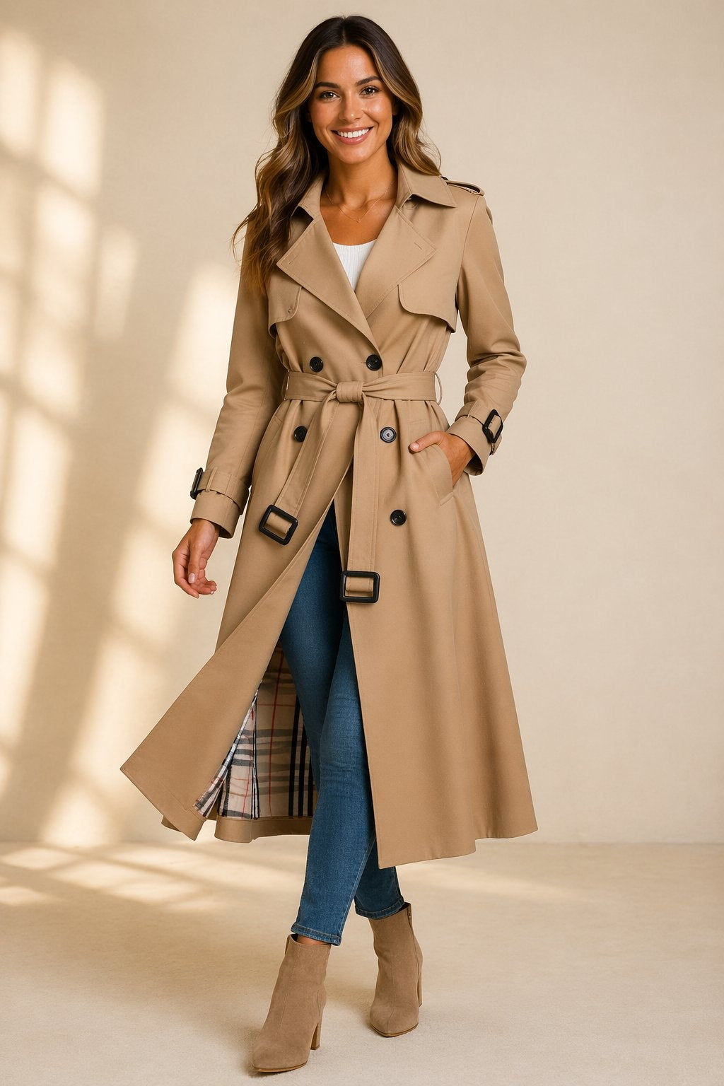 Riley | Women's Long Belted Trench Coat Double Breasted