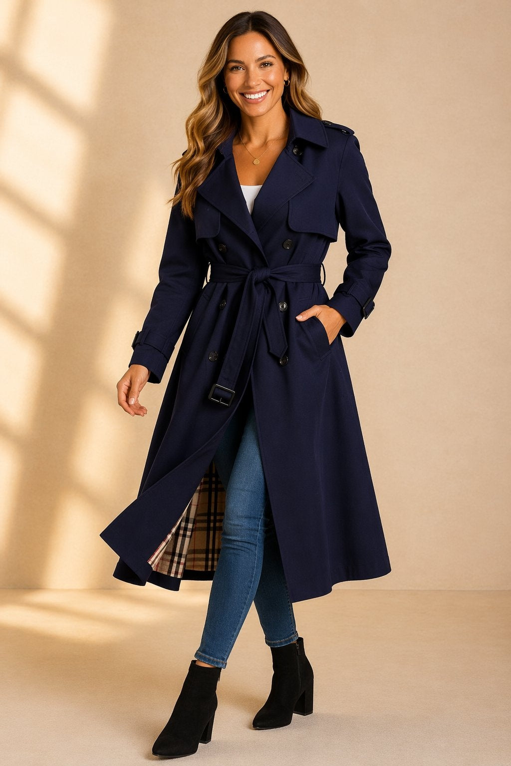 Riley | Women's Long Belted Trench Coat Double Breasted