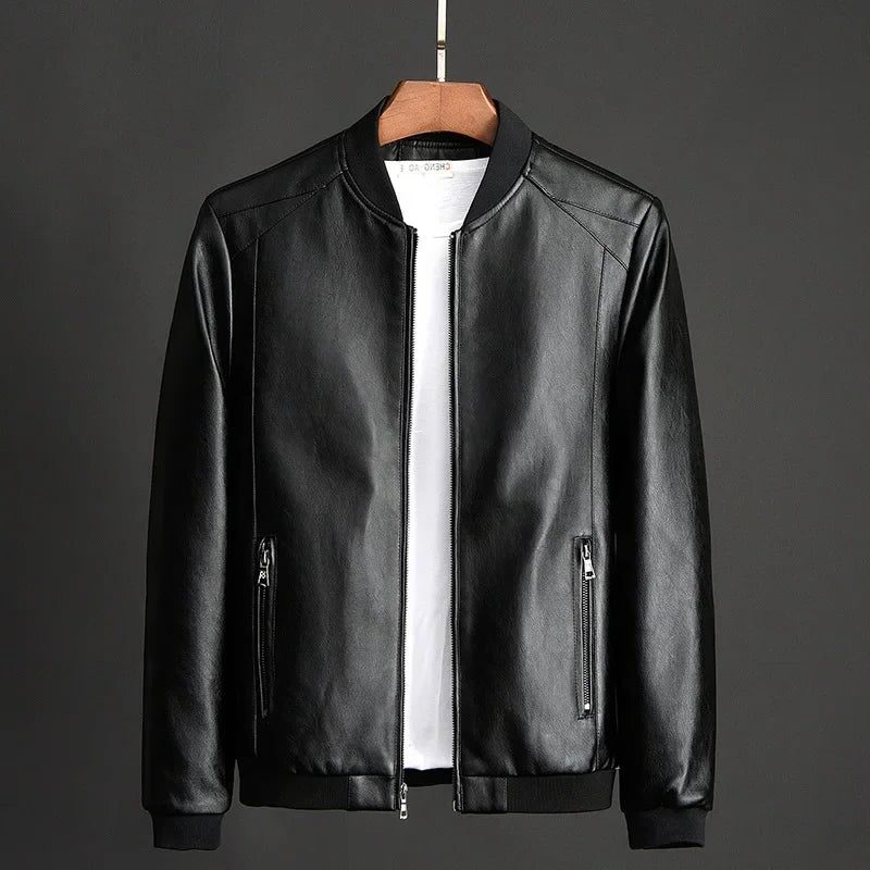 Vegan Leather Zip-Up Jacket with Stand Collar for Men
