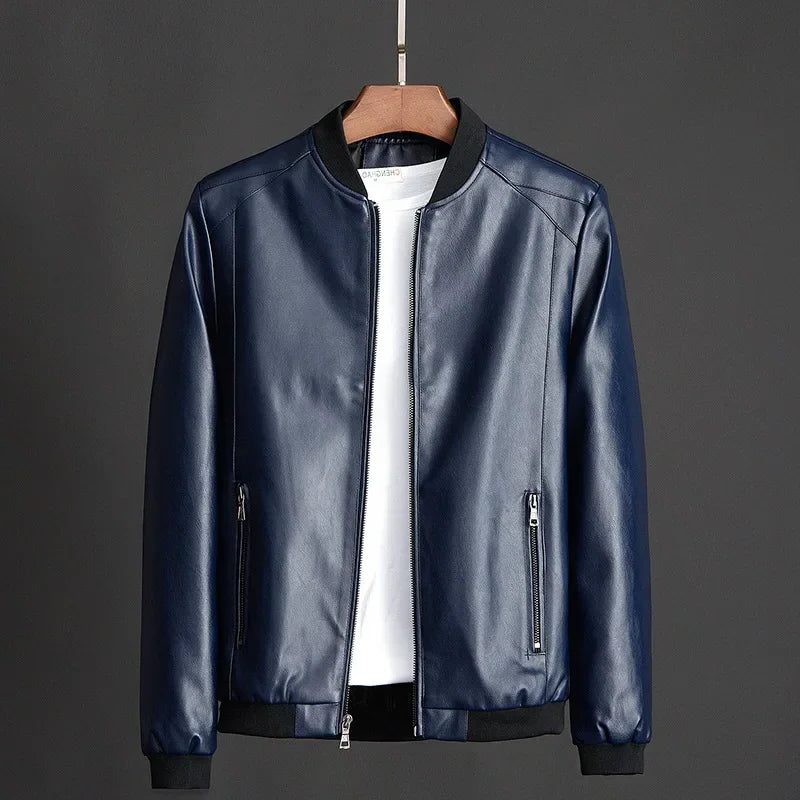 Vegan Leather Zip-Up Jacket with Stand Collar for Men