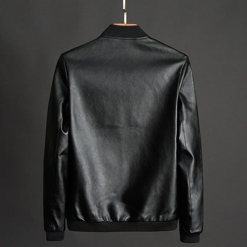 Vegan Leather Zip-Up Jacket with Stand Collar for Men
