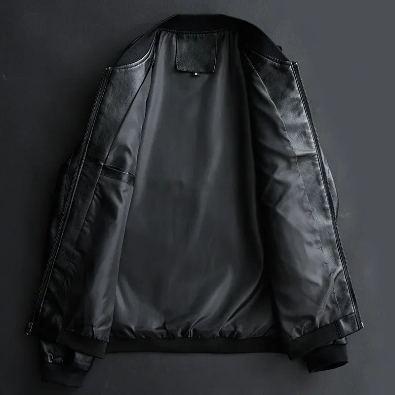 Vegan Leather Zip-Up Jacket with Stand Collar for Men