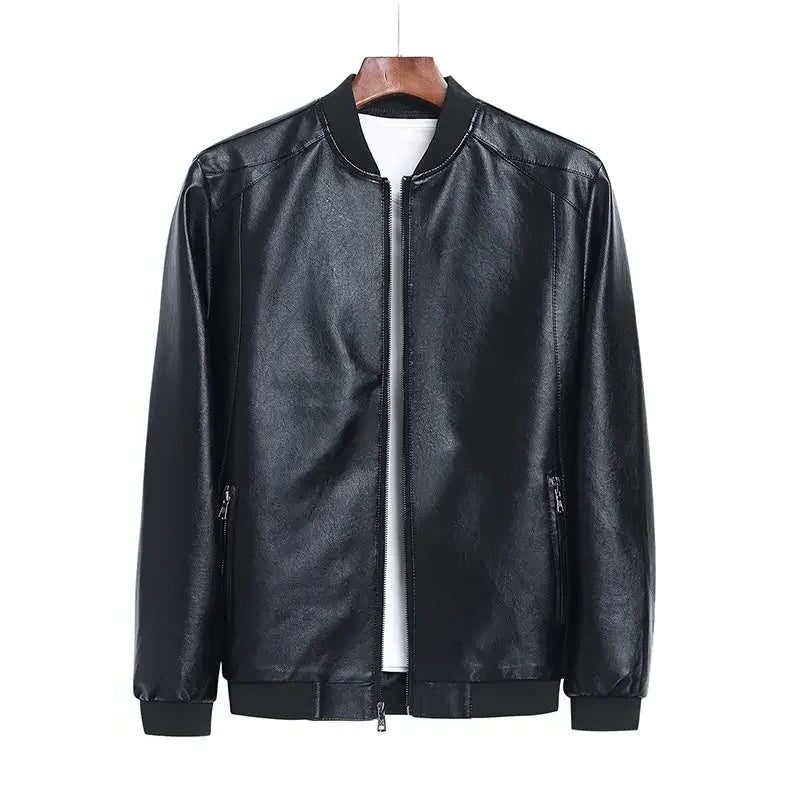 Vegan Leather Zip-Up Jacket with Stand Collar for Men