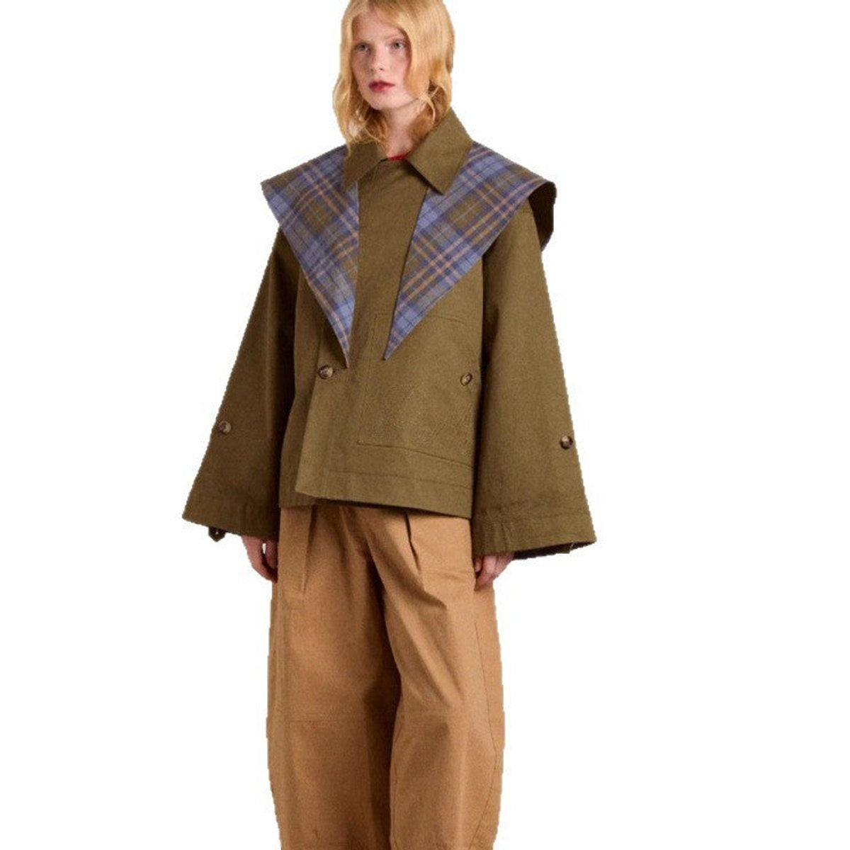 Zoe | Women's Short Oversized Trench Coat Tartan Lining Double Breasted