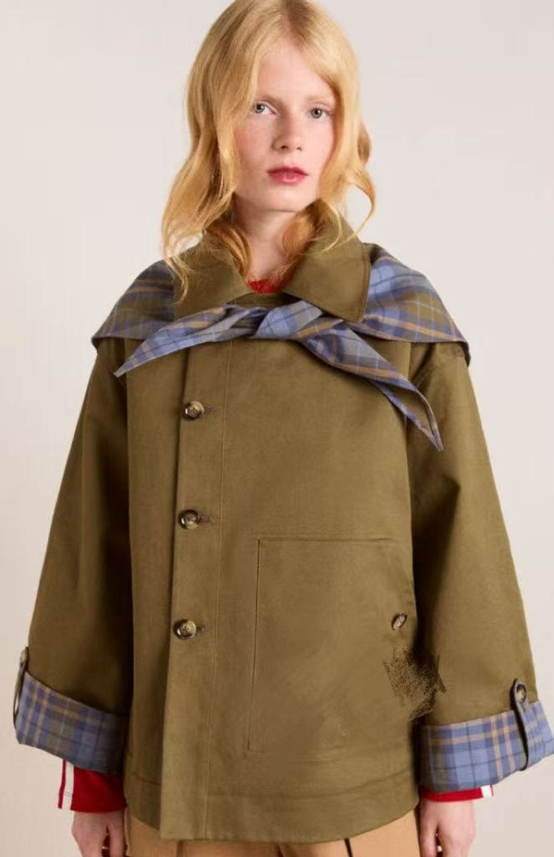 Zoe | Women's Short Oversized Trench Coat Tartan Lining Double Breasted