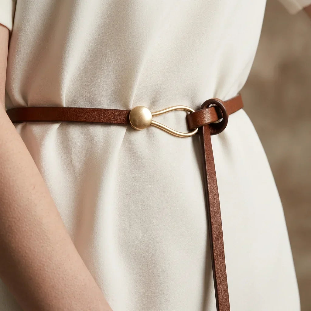 Vera - Women's Slim Leather Belt with Sculptural Hook Buckle