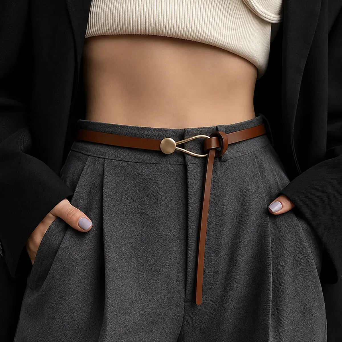 Vera - Women's Slim Leather Belt with Sculptural Hook Buckle