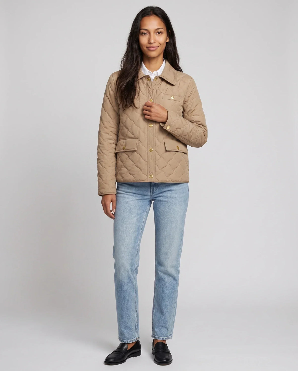 Quilted Jacket with Shirt Collar and Gold Poppers