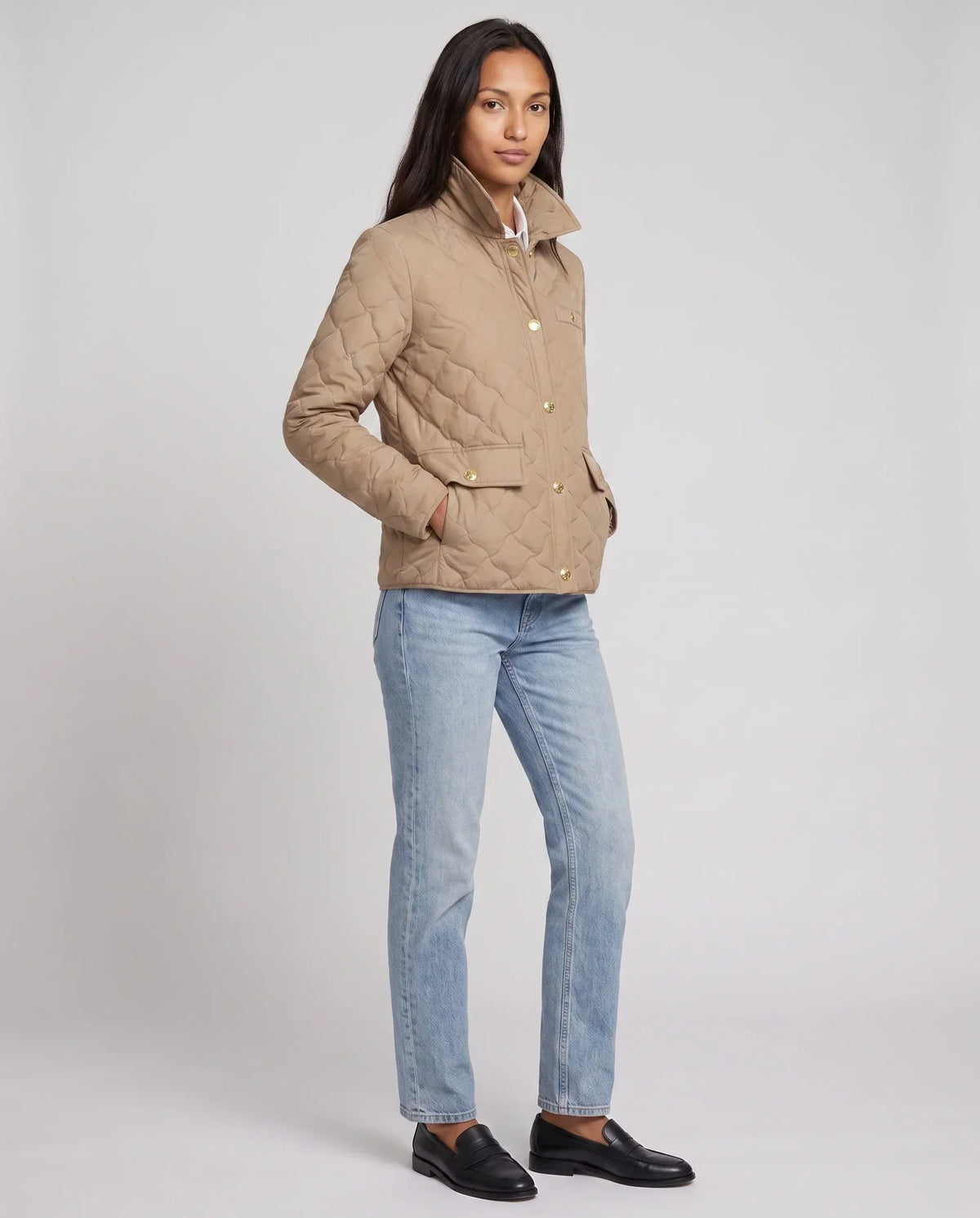 Quilted Jacket with Shirt Collar and Gold Poppers