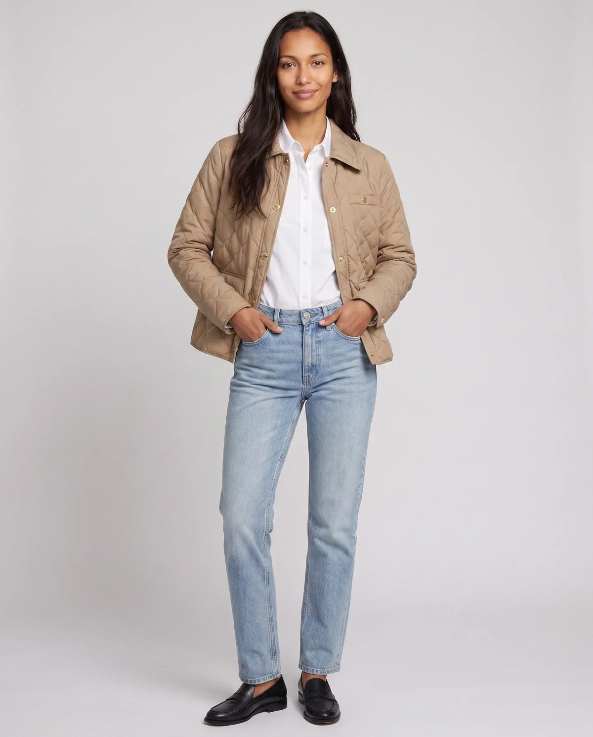 Quilted Jacket with Shirt Collar and Gold Poppers