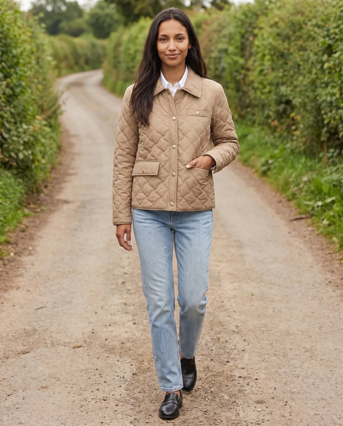 Quilted Jacket with Shirt Collar and Gold Poppers
