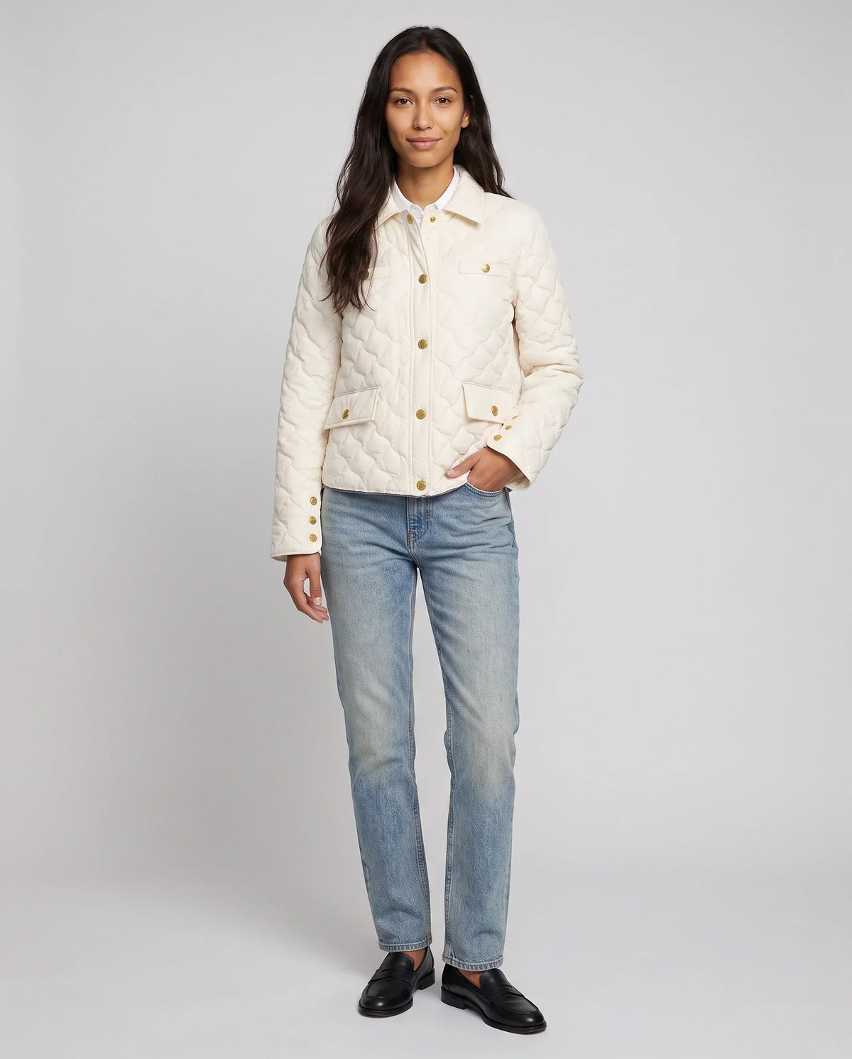 Quilted Jacket with Shirt Collar and Gold Poppers