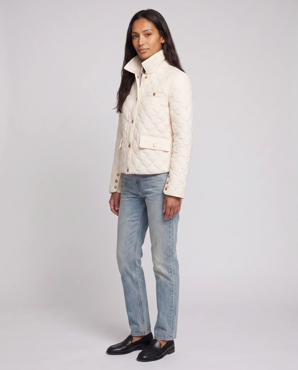 Quilted Jacket with Shirt Collar and Gold Poppers