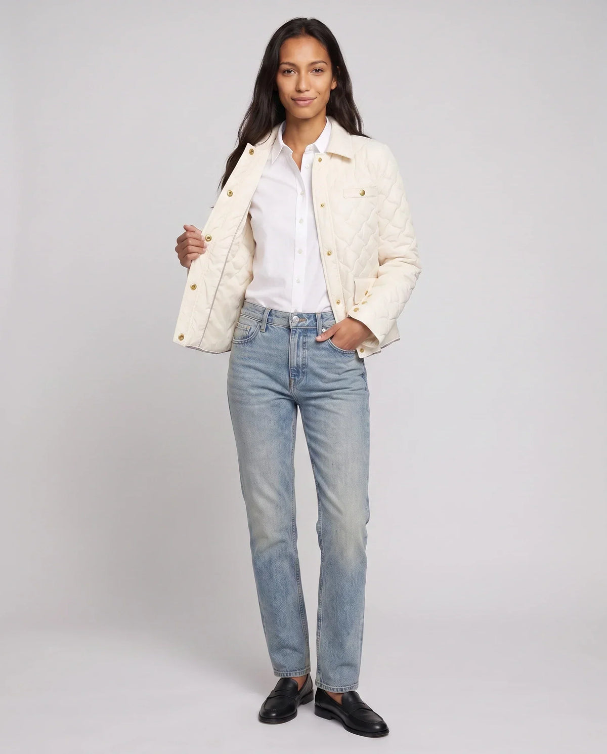 Quilted Jacket with Shirt Collar and Gold Poppers