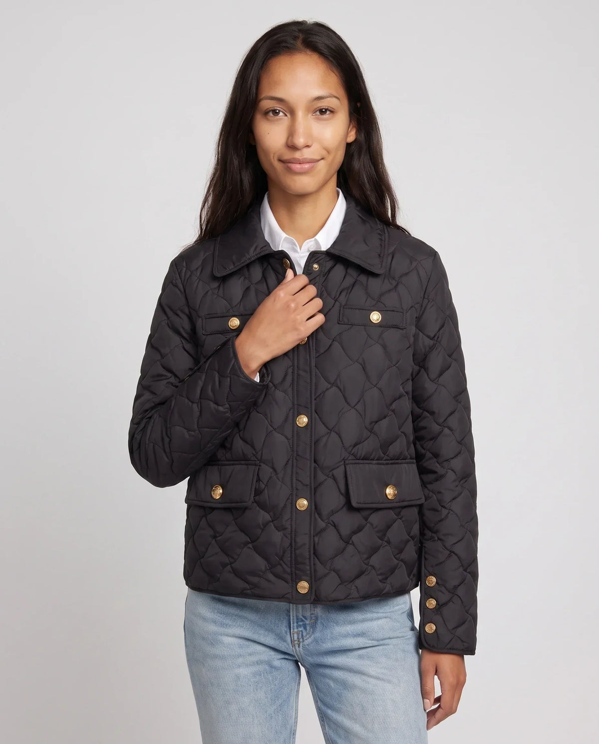 Quilted Jacket with Shirt Collar and Gold Poppers
