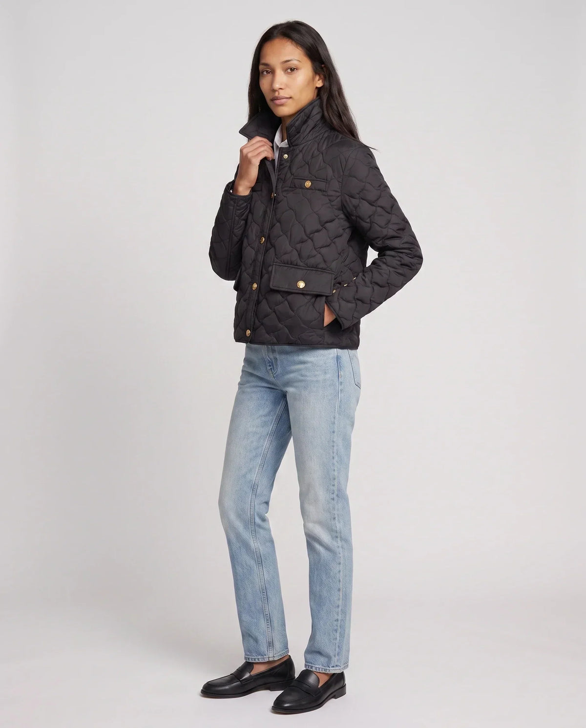Quilted Jacket with Shirt Collar and Gold Poppers