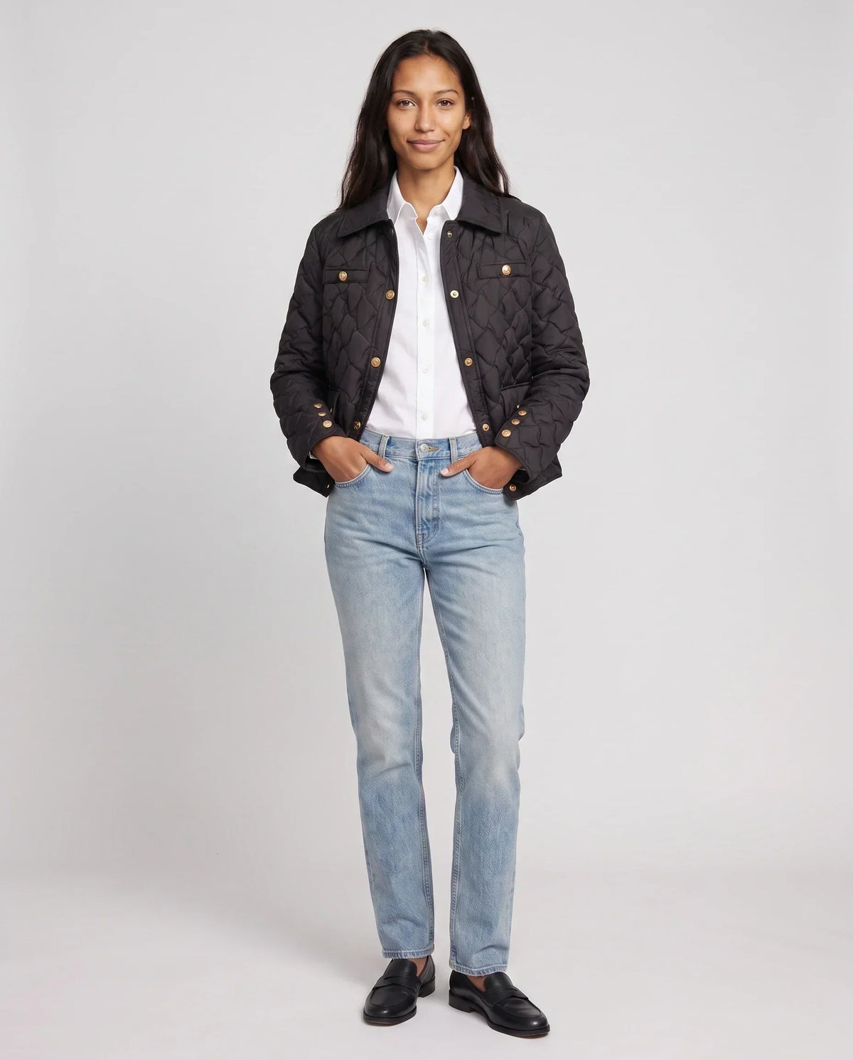 Quilted Jacket with Shirt Collar and Gold Poppers