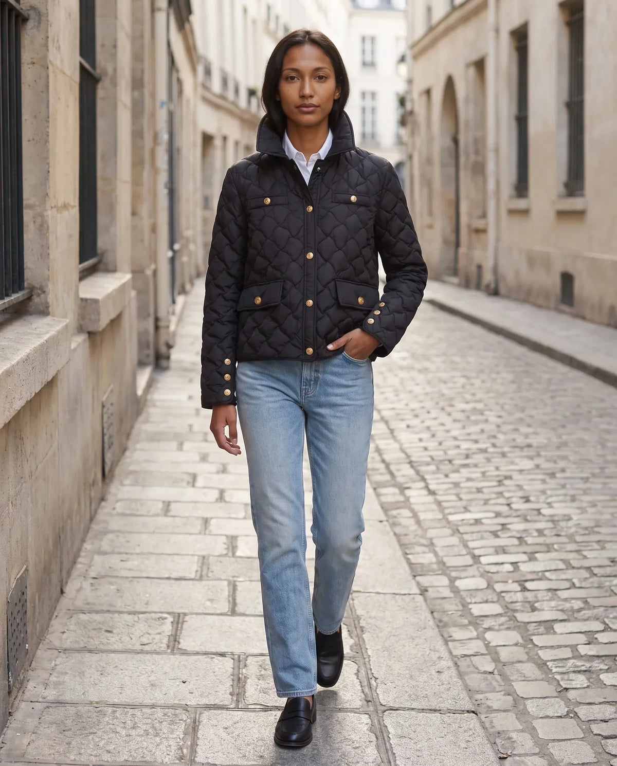 Quilted Jacket with Shirt Collar and Gold Poppers