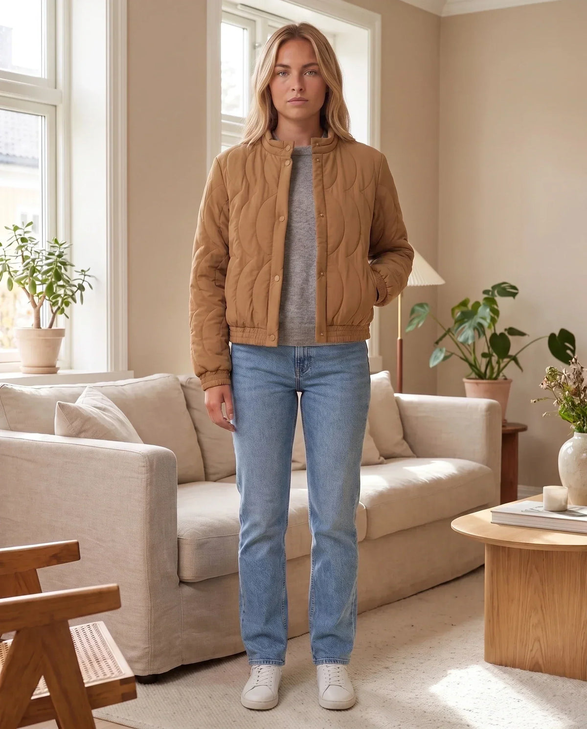 Quilted Jacket with Funnel Collar and Poppers