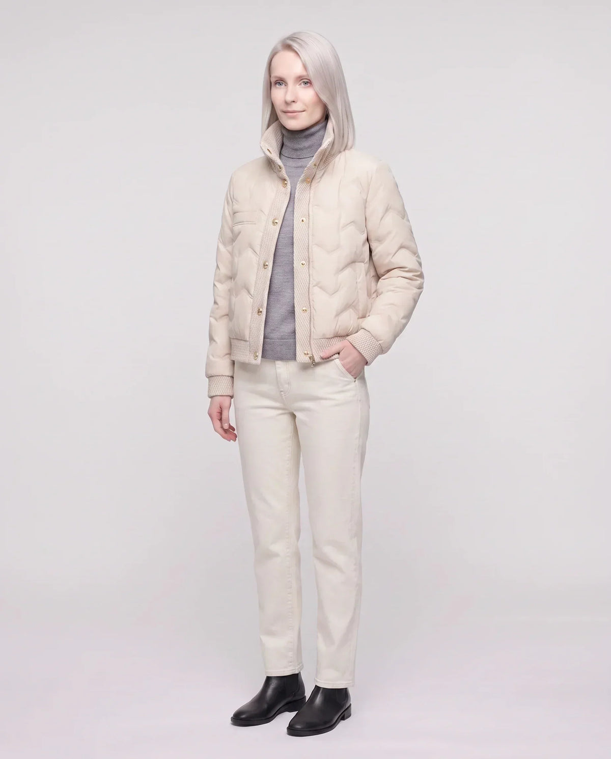 Short Quilted Jacket with Knit Collar