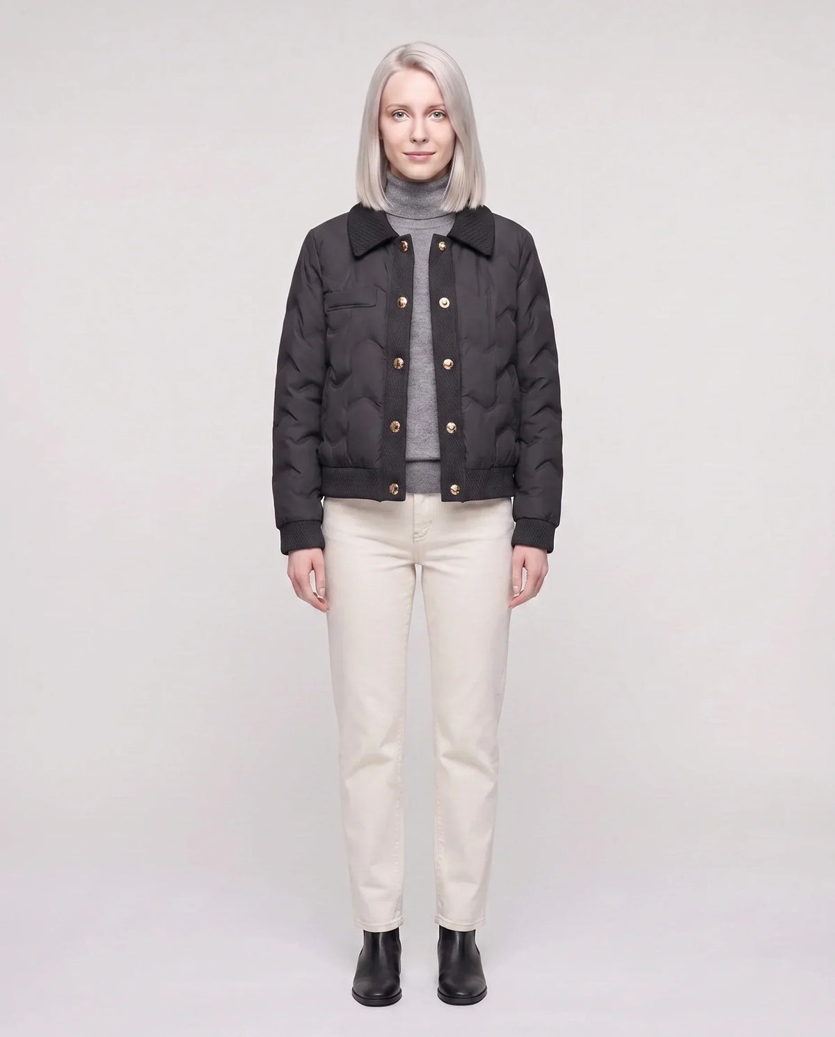 Short Quilted Jacket with Knit Collar
