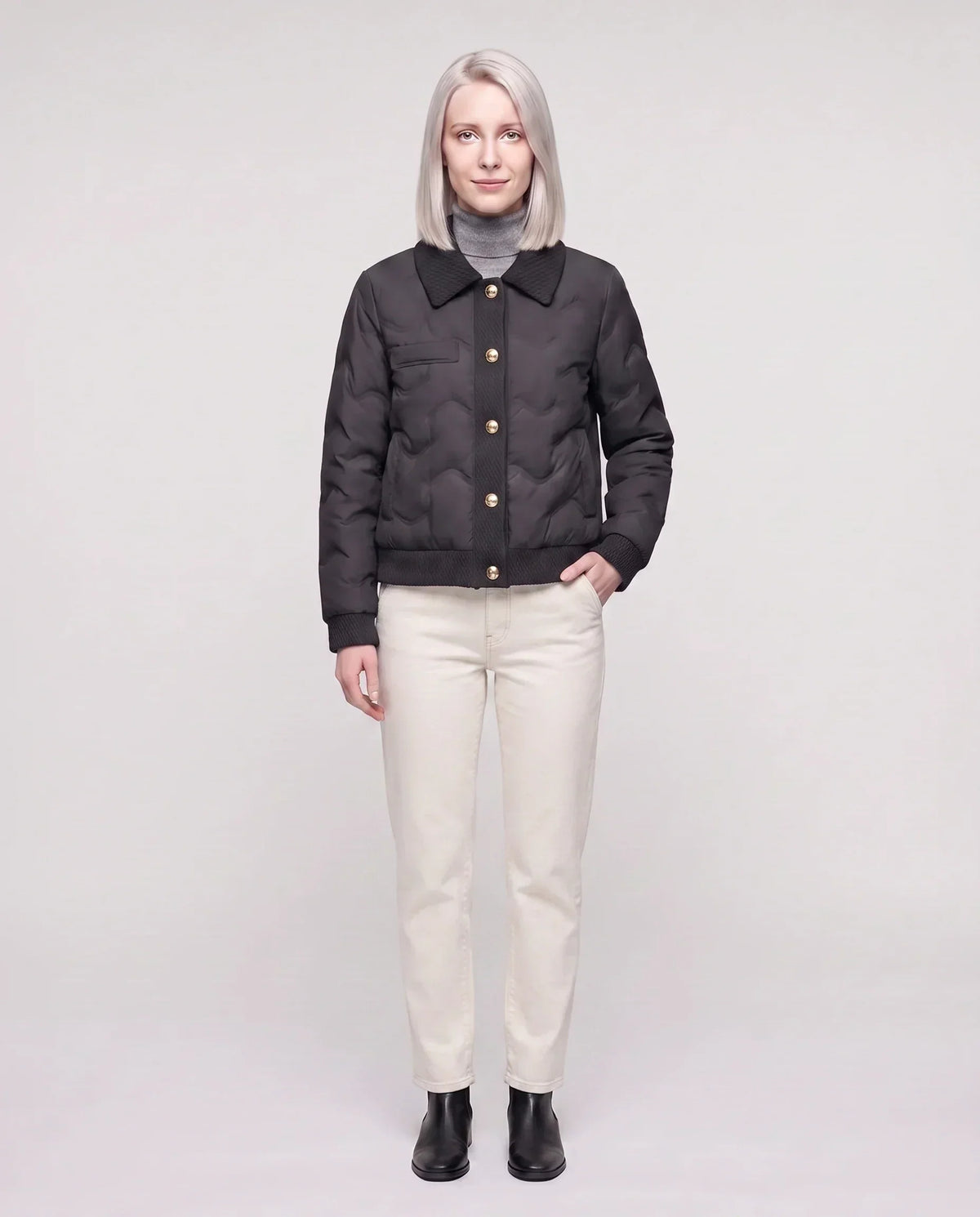 Short Quilted Jacket with Knit Collar