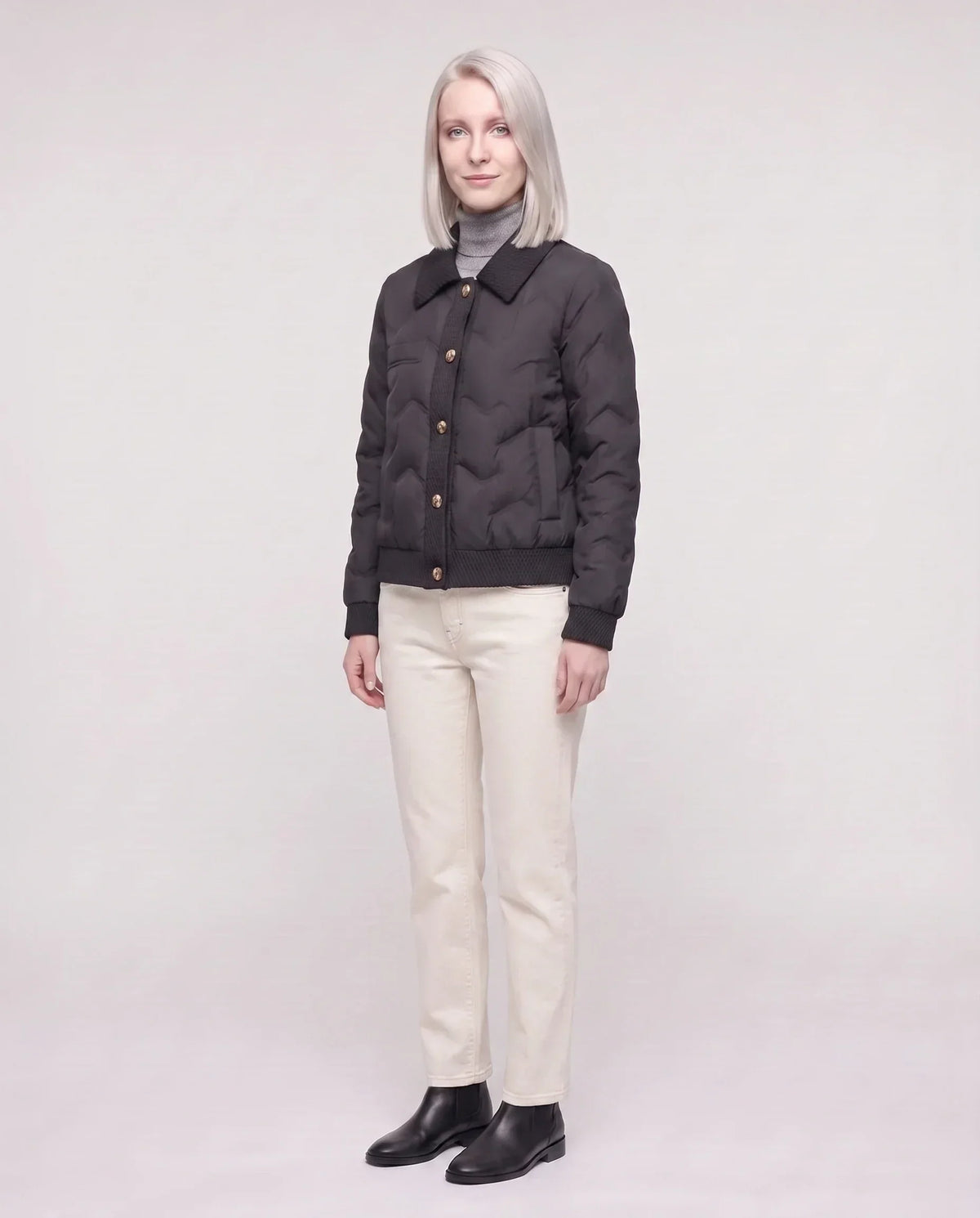 Short Quilted Jacket with Knit Collar