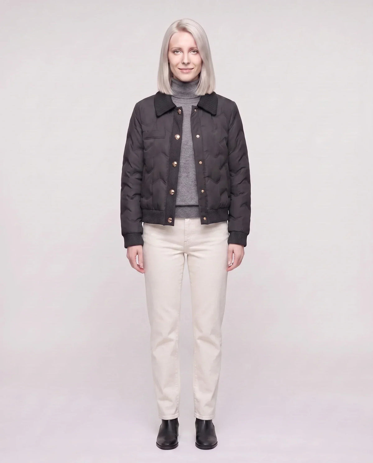 Short Quilted Jacket with Knit Collar