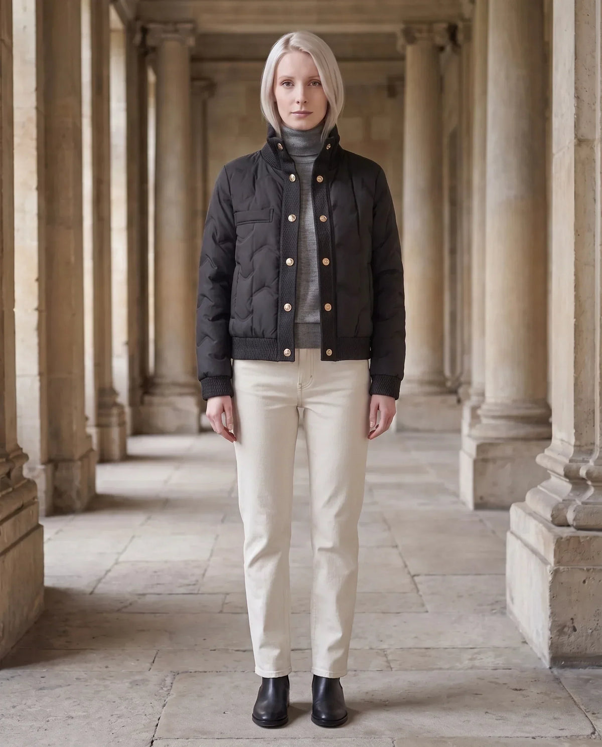 Short Quilted Jacket with Knit Collar