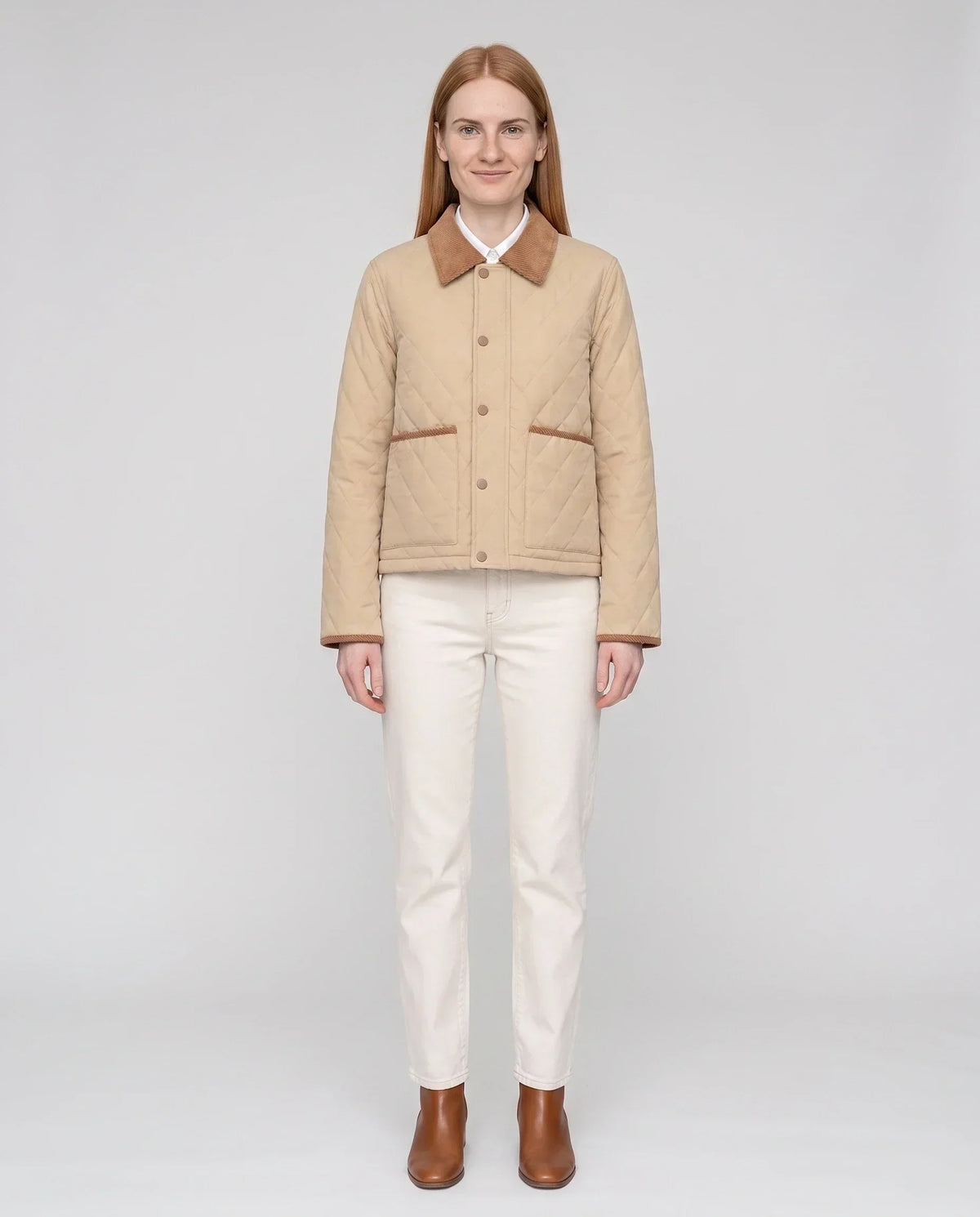 Short Quilted Jacket with Corduroy Collar