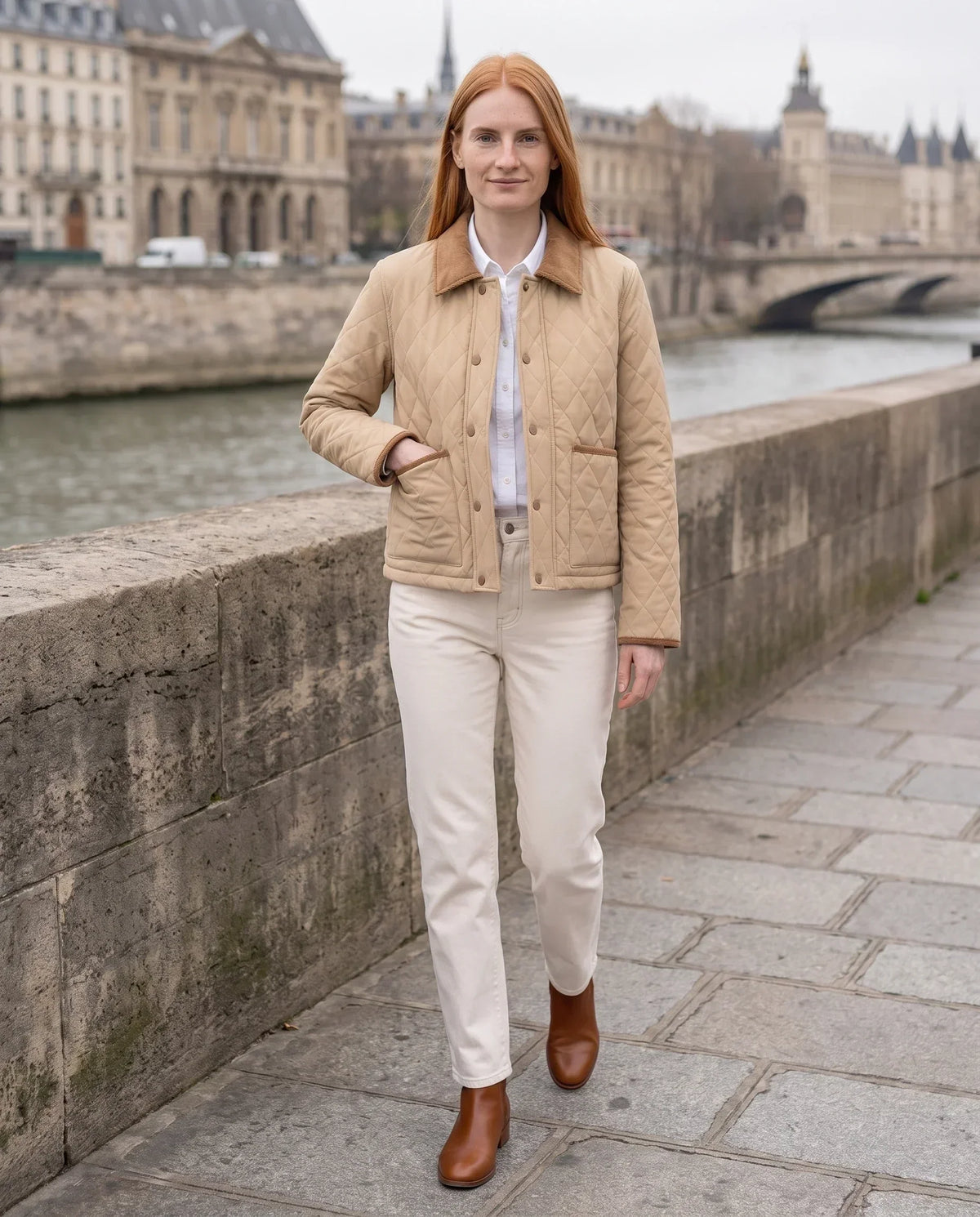 Short Quilted Jacket with Corduroy Collar