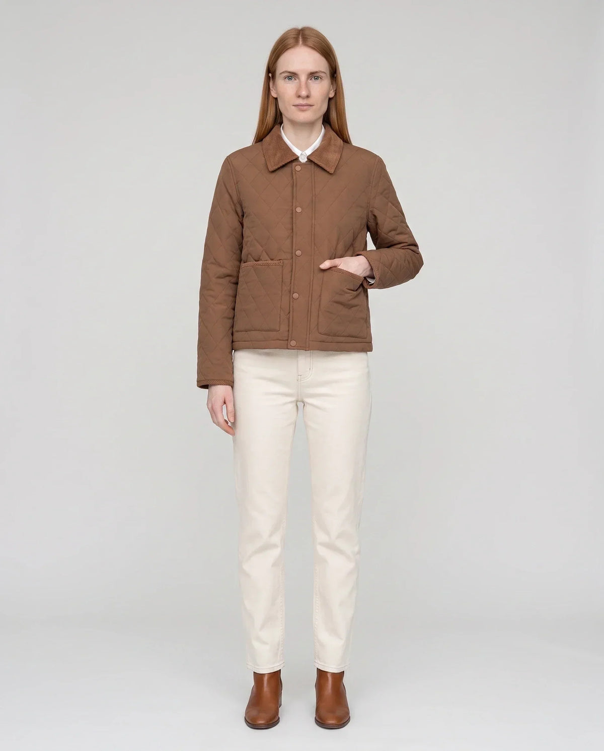 Short Quilted Jacket with Corduroy Collar