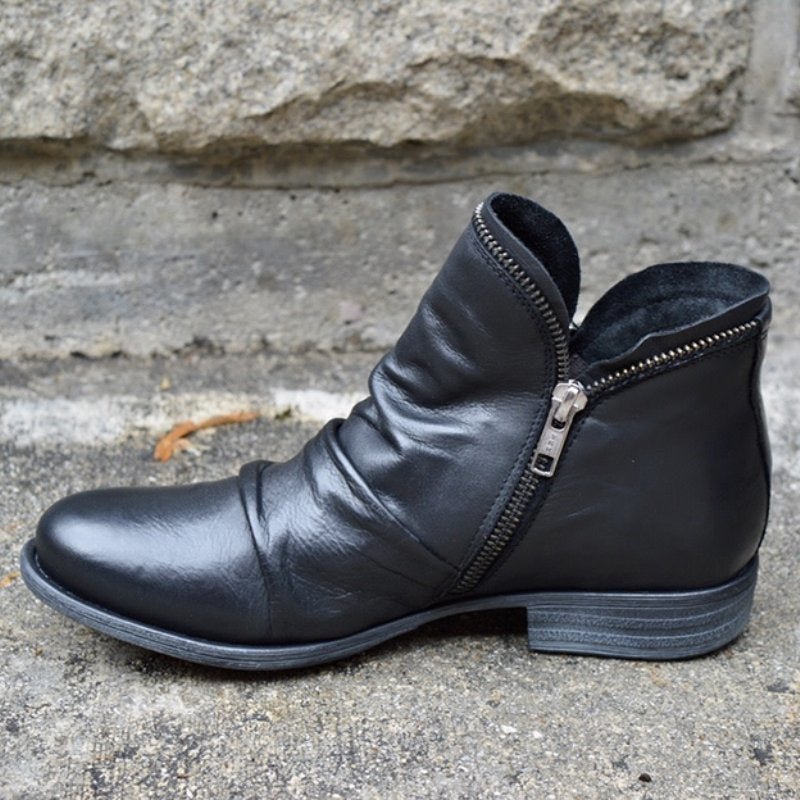 Women's Leather Ankle Boots | Low Heel Side Zip