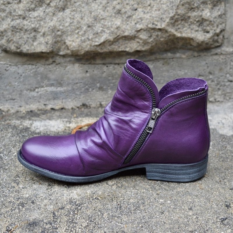 Women's Leather Ankle Boots | Low Heel Side Zip