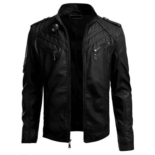 Vitale | Men's Leather Biker Jacket with Quilted Chest Panels