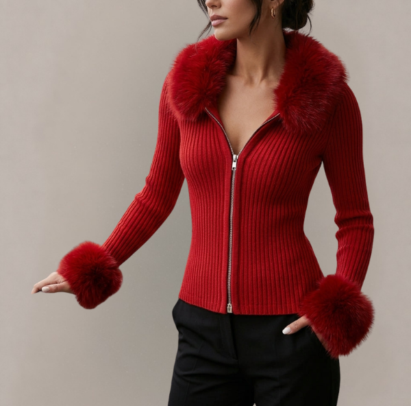 Vivienne - Women's Zip-Front Cardigan with Faux Fur Trim