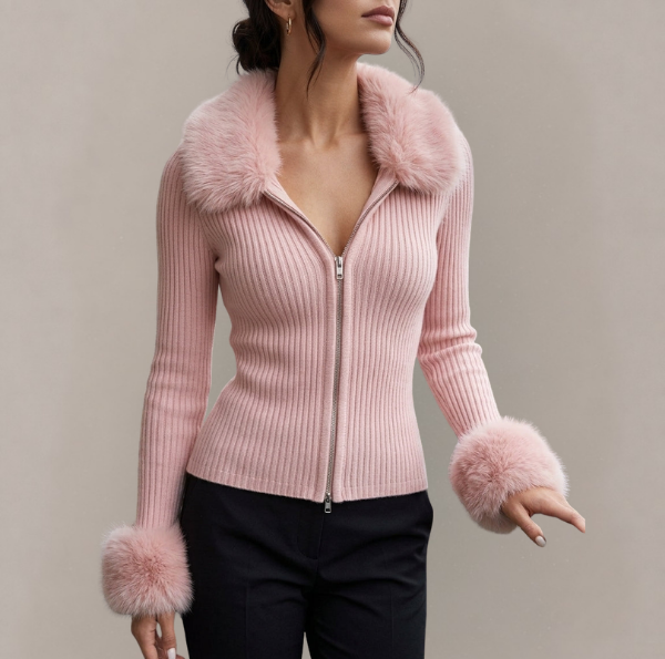 Vivienne - Women's Zip-Front Cardigan with Faux Fur Trim