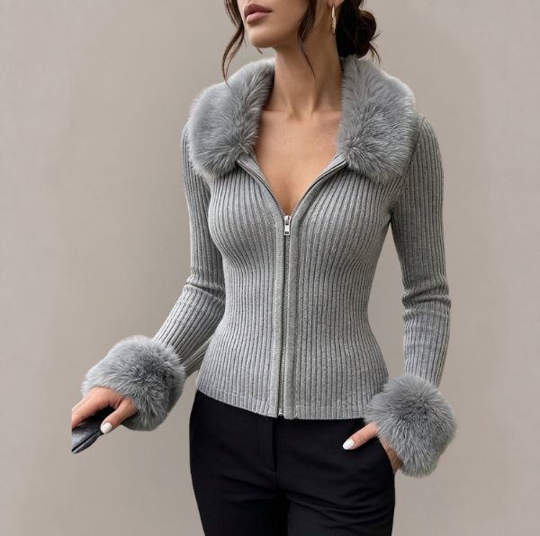 Vivienne - Women's Zip-Front Cardigan with Faux Fur Trim